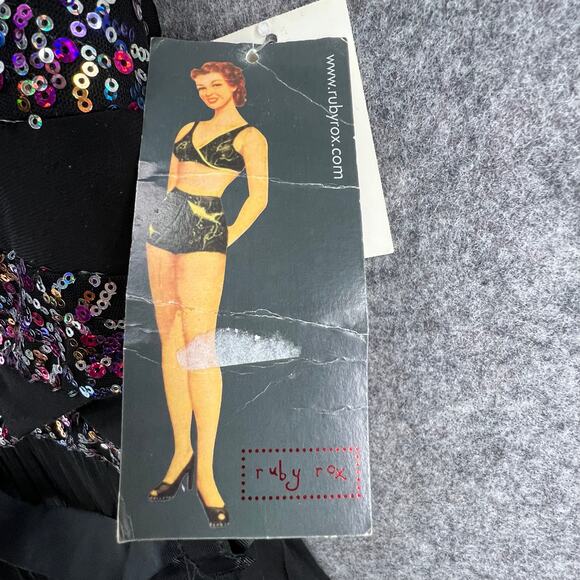 Ruby Rox Vintage Y2K Dress M Black Multi Sequin Strapless Pleated Fairy Showgirl - Picture 11 of 16